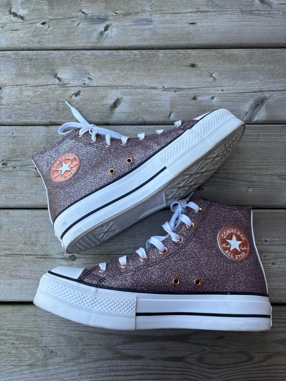 Women's 10 Platform Converse Glitter Hi-Top Lace Up Rose Sneakers Running Shoes